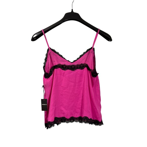 Forever 21 Contemporary Pink Satin Black Lace Trim Cami Top Size M New - Picture 3 of 5